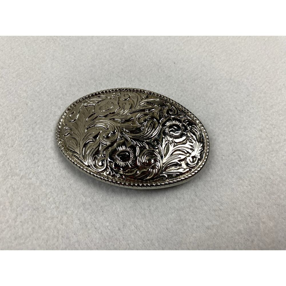 Vintage Western Belt Buckle Silver Floral Engraved Scrollwork USA Made